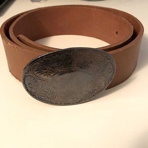 🤎 Talula Rough-Edged Leather Western Tan Belt w/ Oval Metal Buckle XS